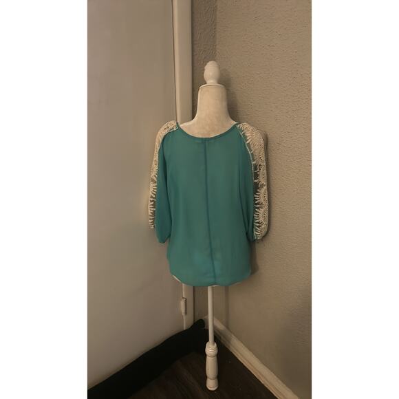 Umgee Split Sleeve Crochet Cold Shoulder Teal/White L Boho Concert Festival - Picture 2 of 13